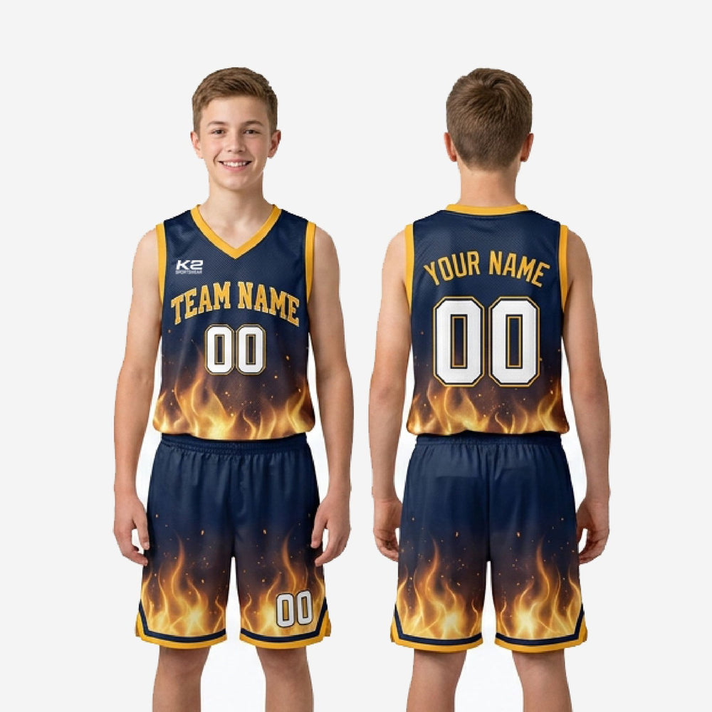 Navy/Gold Custom Youth Basketball Uniforms | Flame Print Set