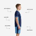 Light blue custom soccer shorts with navy side stripe and sublimated player number on left leg