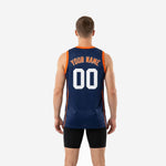 Right side view of navy custom basketball jersey with orange binding detail and straight tuck-in hem length