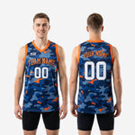Right side view of navy orange camo basketball jersey displaying continuous camo pattern and clean orange V-neck binding detail