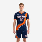 Custom navy and orange sublimated soccer jersey and shorts set designed by K2 Sportswear soccer uniform designer