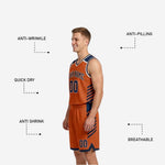 Back view of orange and navy reversible basketball uniform displaying back number placement and shoulder panel design