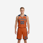 Navy and orange reversible basketball uniforms front and back view showing both color sides of the sublimated two-piece set