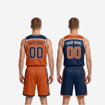Full set view of navy and orange custom reversible basketball uniforms showing jersey and matching shorts together