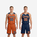 Size and specification sheet for custom navy and orange reversible basketball uniforms covering youth and adult sizing