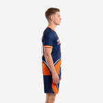 Navy orange soccer kit with custom player number on shorts and jersey for club team uniform order