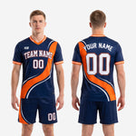 Front and back view of custom navy blue orange soccer uniform kit with team name and player numbers