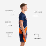 Side view of navy orange soccer uniform showing quick-dry anti-wrinkle anti-pilling and breathable fabric features