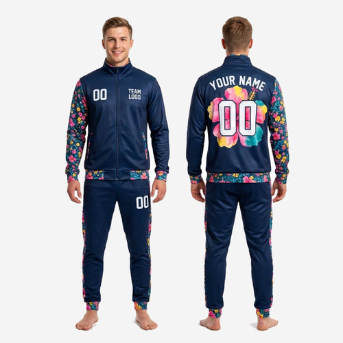 Ribbed cuff detail on navy soccer tracksuit showing matching floral sublimation print on jacket sleeve end