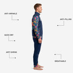 Detail of custom navy soccer track pants showing floral side-seam panel and ribbed ankle cuff