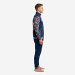 Left side view of custom navy soccer tracksuit showing full floral sleeve panel and tapered pant leg