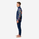 Right side view of navy soccer tracksuit with sublimated floral side panels and zip hip pocket detail