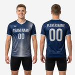 Full body view of mens soccer training jersey in navy blue and silver gradient, athletic cut from YS through 3XL