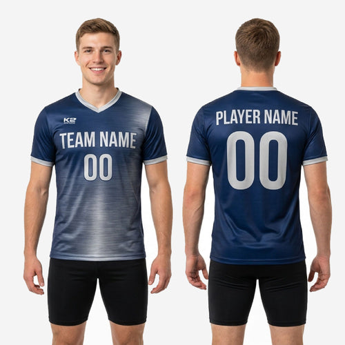 Full body view of mens soccer training jersey in navy blue and silver gradient, athletic cut from YS through 3XL