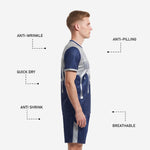 Navy soccer shorts with sublimated silver side panel and player number on left leg, part of custom blue soccer uniform set