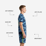 Side view of navy blue and sky blue camo custom blue soccer uniform with neon yellow stripe and feature callouts