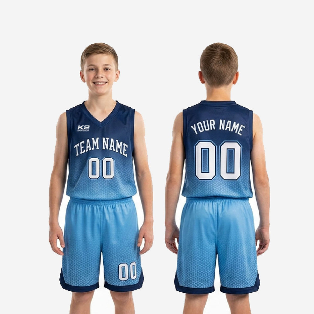 Custom Blue and White Youth Basketball Uniforms in Club Colors - Navy and Sky Blue