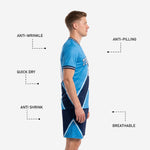 Navy custom soccer shorts with sky blue and white chevron side stripe sublimation detail