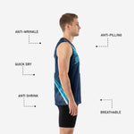 Opposite side view of navy teal basketball jersey showing halftone dot pattern running from lower hem to shoulder on male model