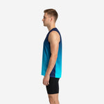 Left side view of the navy and teal sublimated basketball jersey showing the full-length navy side panel and straight hem