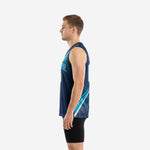 Side view of navy and teal sublimated basketball jersey showing armhole binding and straight hem on male model