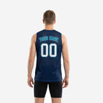Size and specification chart for navy and teal custom basketball jerseys showing youth and adult sizing options
