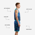 Back view of navy teal custom basketball league uniforms showing back player name and number printed in white on lightning sublimated jersey