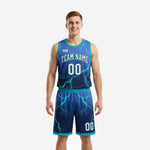 Navy and teal lightning basketball league uniforms showing full set front and back with arced team name and sublimated number on jersey and shorts