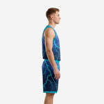Front view of custom navy teal basketball league uniforms with lightning bolt pattern crew neckline binding and white block lettering on chest