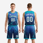 Size and specification sheet for navy and teal basketball league uniform sets showing youth and adult sizing options for team orders