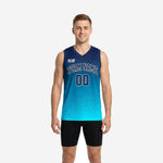 Front and back view of custom sublimated basketball jerseys in navy and teal hex gradient with team name arc and number 00 on the front