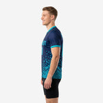 Navy soccer training jersey with teal pixel pattern right side view showing sleeve cuff trim