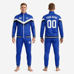 Mens royal blue and navy blue custom soccer tracksuit with white chevron design and matching tapered training pants