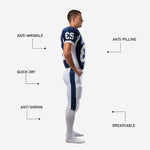 Navy football uniform packages back detail - sublimated jersey back number placement and matching white pants with single navy outer-leg stripe