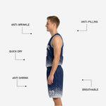 Back view of the navy and white reversible basketball uniform showing back number and player name placement on the sublimated halftone dot jersey