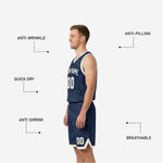Back view of navy and white reversible basketball uniform displaying player name and number in 4 sublimated print zones