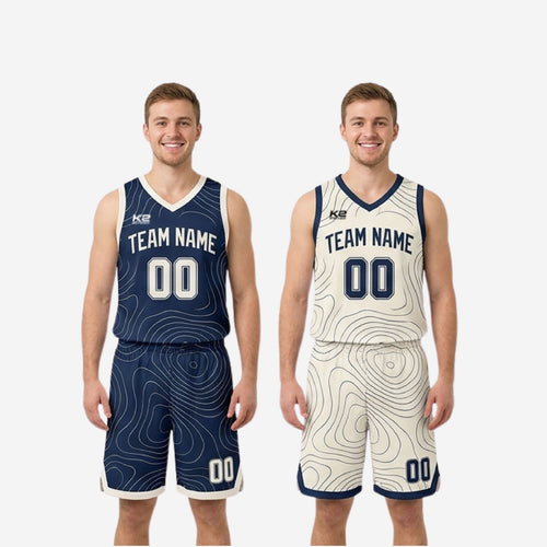 Full set view of navy and cream-white reversible basketball uniform showing jersey and matching shorts together on court