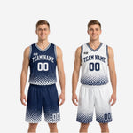 Halftone dot fade pattern detail on the navy and white reversible basketball jersey showing sublimated gradient from solid navy chest to white hem