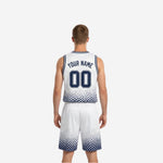 Opposite side view of the navy and white reversible basketball uniform showing shorts side panel and elastic waistband with drawcord
