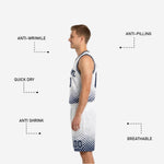 Close detail of the reversible basketball shorts showing navy halftone dot fade pattern white side and player number on the shorts leg