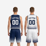 Size and specification sheet for the custom navy and white reversible basketball uniform set showing youth and adult size run