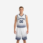 White side of the navy and white reversible basketball uniform showing navy halftone dot fade pattern team name arc and front number on adult male model