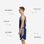 Back view of the navy white reversible basketball jersey showing back number and player name print placement