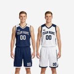 Close detail of the V-neck collar and black binding on the navy reversible basketball jersey