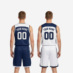 Close detail of the reversible basketball shorts waistband drawcord and diagonal stripe side panel in navy and white