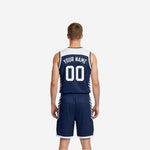Side view of the navy and white reversible basketball uniform showing armhole binding and slash stripe panel construction