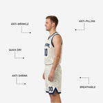Size and specification sheet for custom navy and white reversible basketball uniforms covering youth and adult sizing run