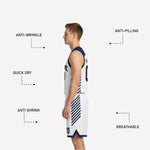 Size and specification sheet for the custom navy and white reversible basketball uniform set