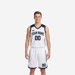 White side of the navy and white reversible basketball uniforms with navy diagonal stripe detail and matching shorts front view