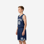 Size and specification sheet for custom navy youth basketball uniforms available in full youth size run